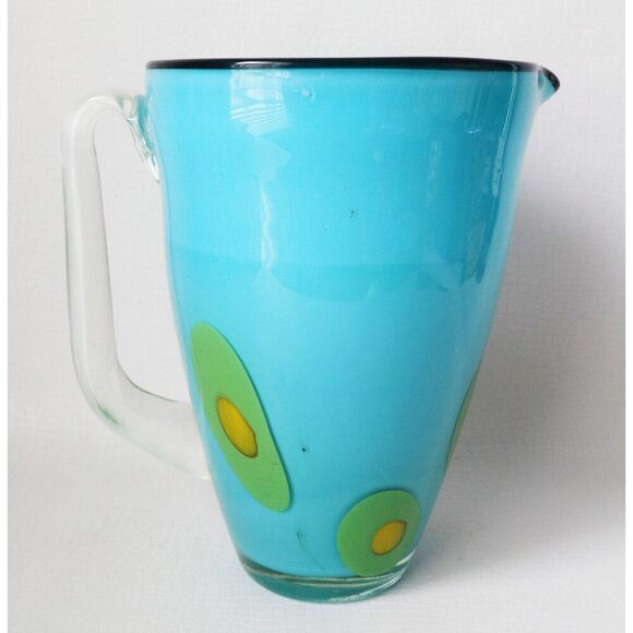 Art Glass Turquoise Blue Water Pitcher Jug Italian Hand Blow Glass Art Cocktail - Picture 4 of 7